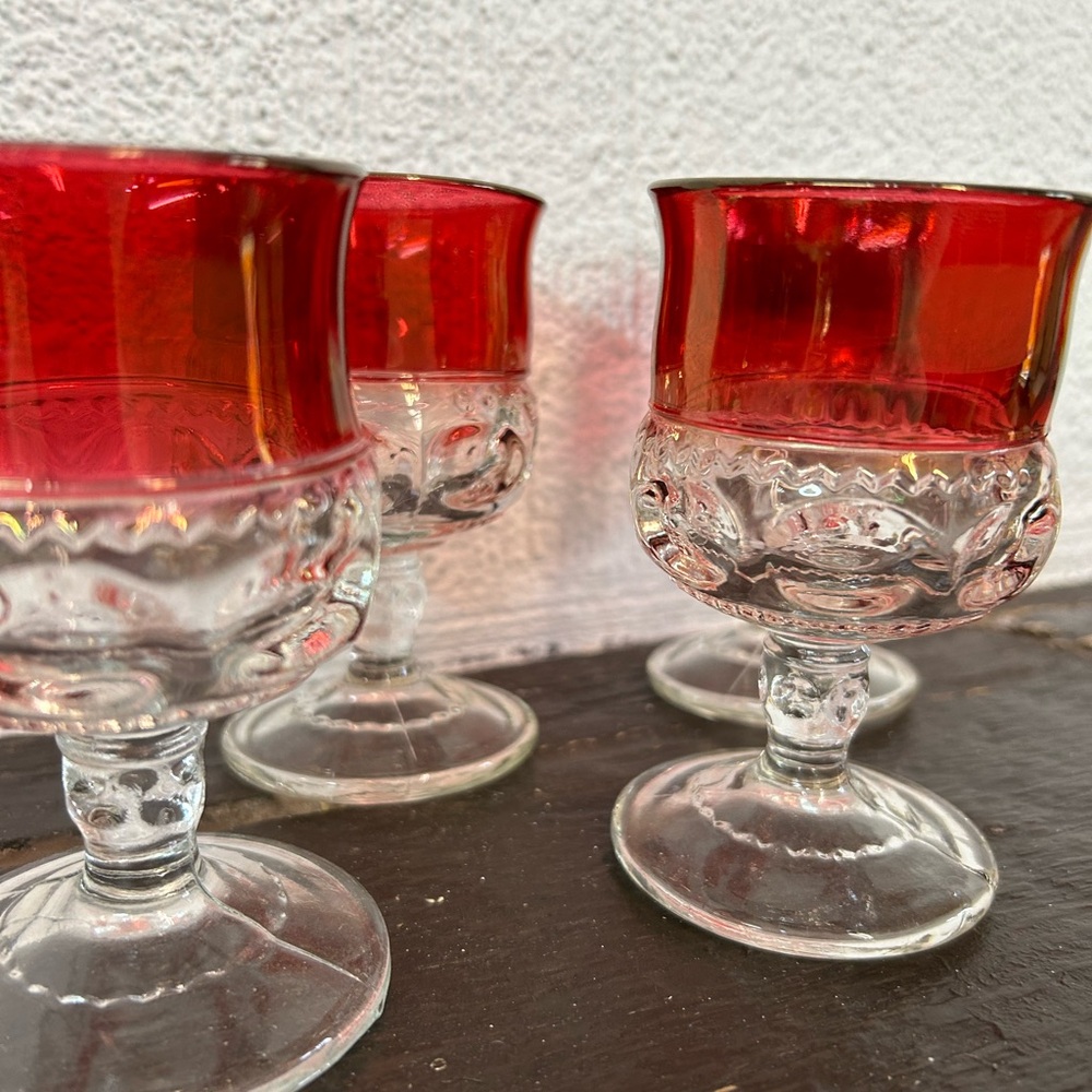 Set of Four Vintage King’s Crown Small Goblets Wine Glasses with Ruby Red Flash